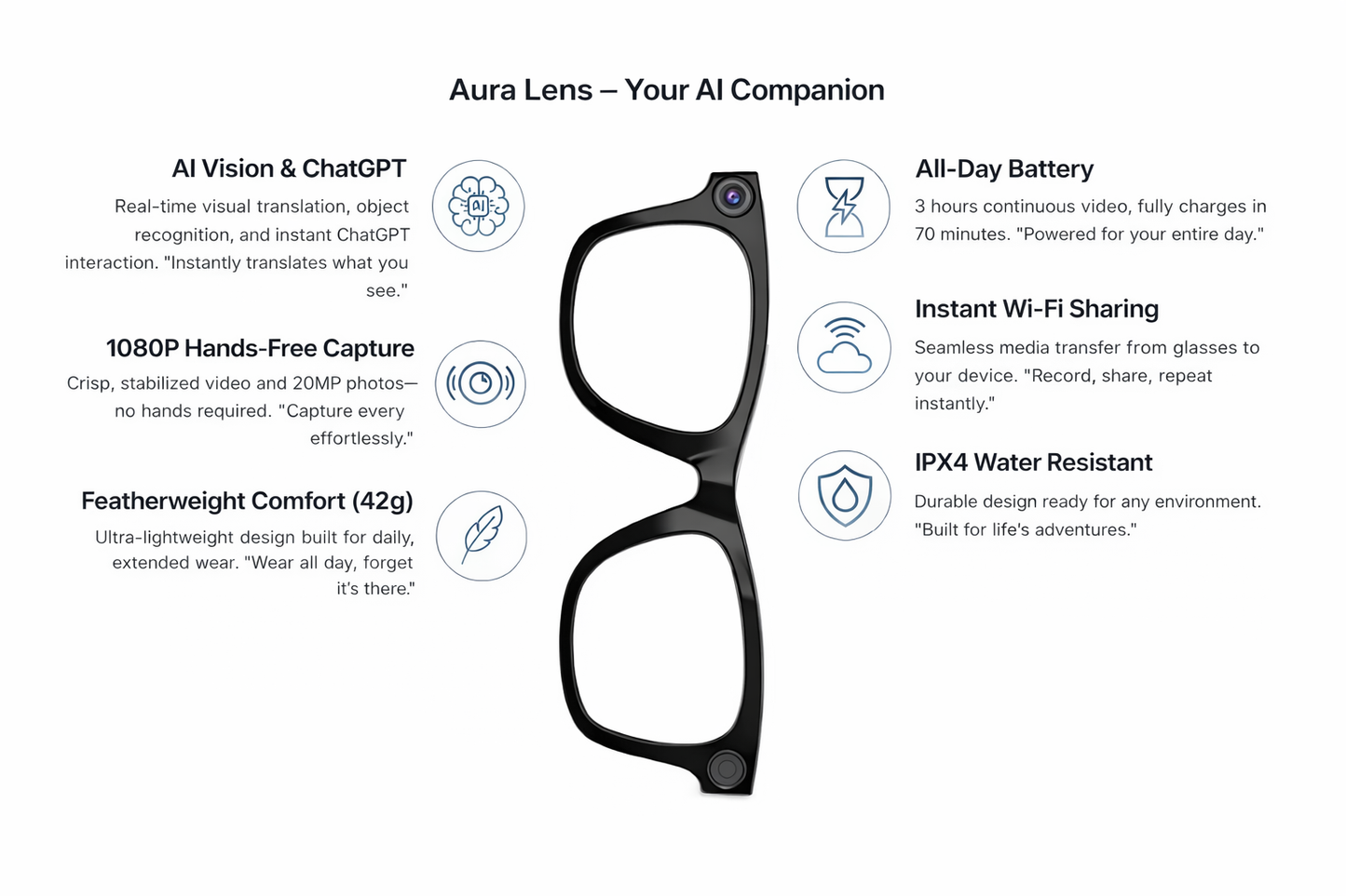 Aura Lens (Gen 1) Smart AI Glasses 12MP Camera, Video Recording, Open-Ear Audio