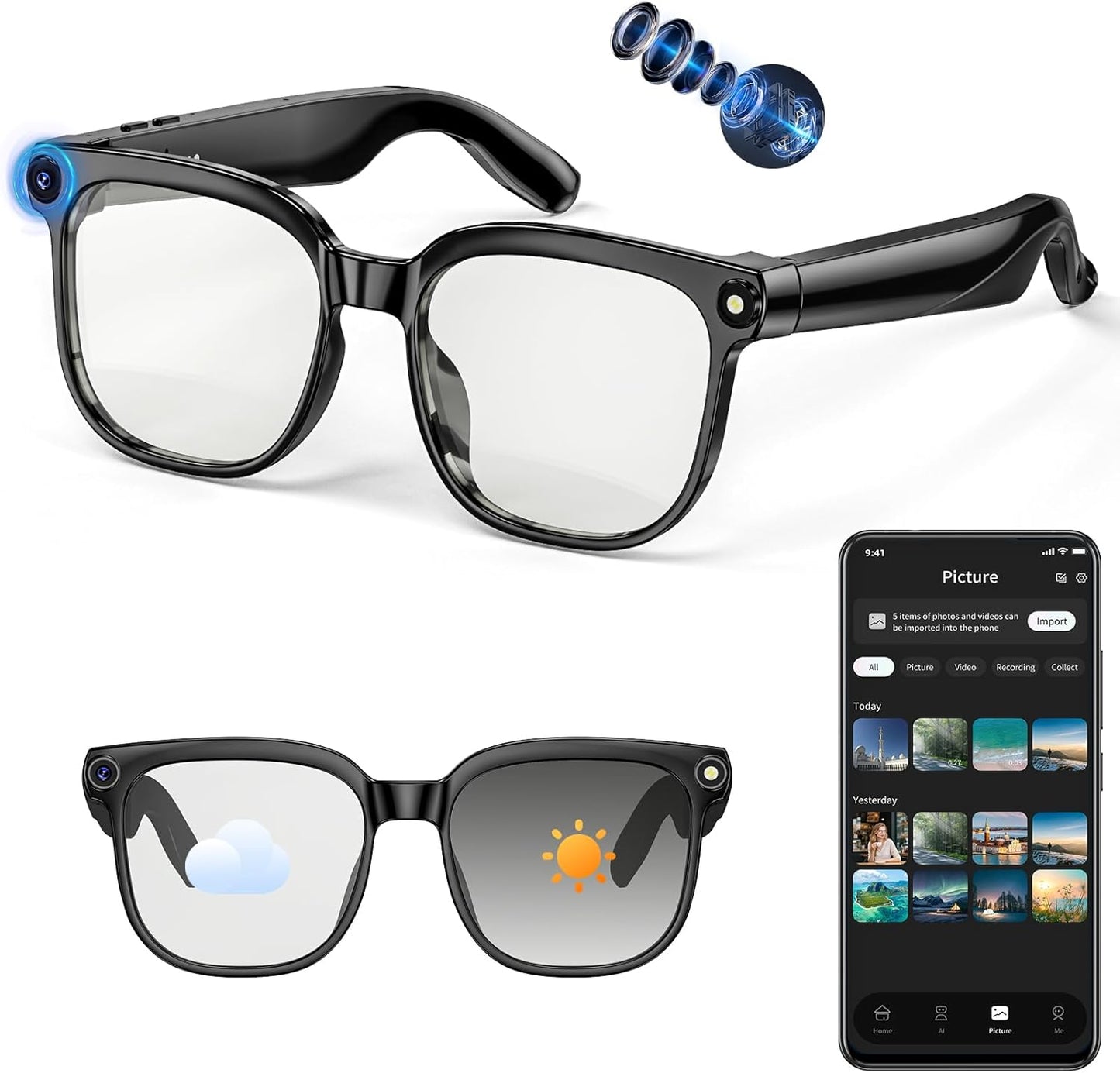 Aura Lens (Gen 1) Smart AI Glasses 12MP Camera, Video Recording, Open-Ear Audio